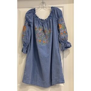 Denim Chambray Off Shoulder Mini Embroidered Dress Size XL  Coastal Cowgirl Boho